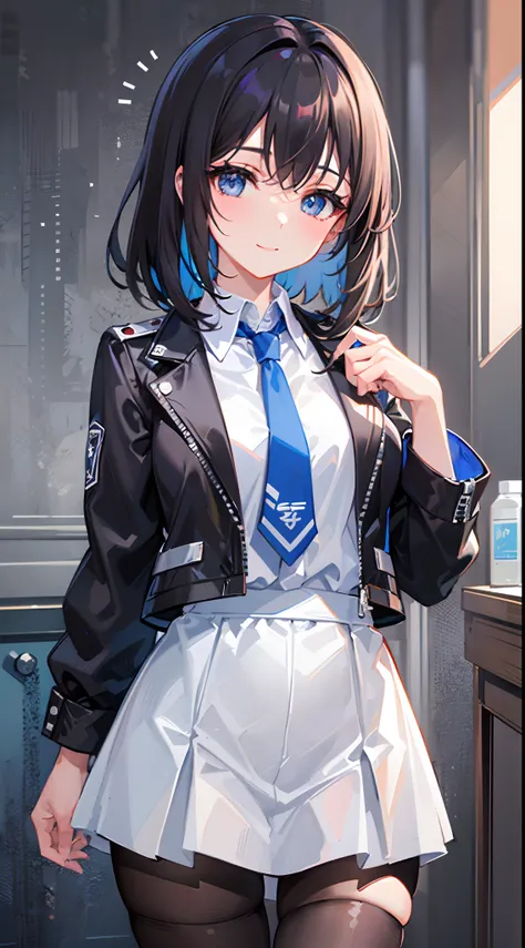 ((top-quality)), ((tmasterpiece)), ((ultra - detailed)), (Extremely Delicately Beautiful), Girl vs, 独奏, Cold attitude,((Black jacket)),She is very(Relax)with  the(settle down)looks,brunette color hair, depth of fields,ssmile,bright light blue eyes,inner co...