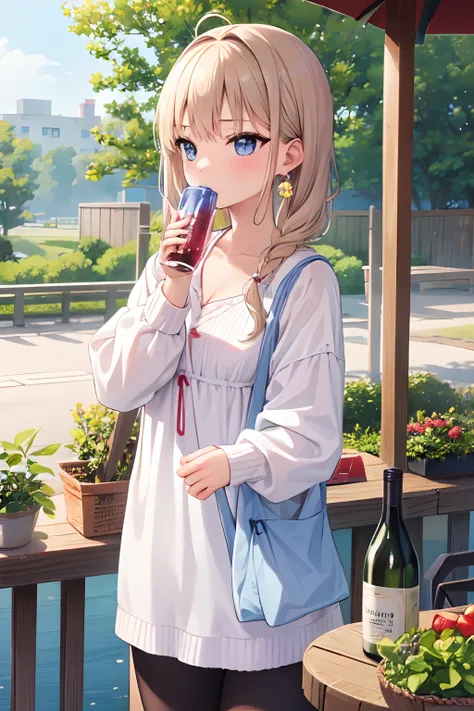 cute Chugging, water bottle, alcohol, wine bottle, 1girl, solo, cute girl, cute cloth, masterpiece, ultra detail, best Quality,