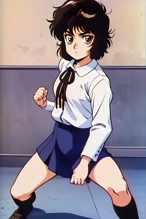 1girl, takayanagi_ryoko, short hair, dark-brown hair, brown eyes, school uniform, white socks, brown loafer, fighting stance, karate-dojo, in room, looking at viewer,