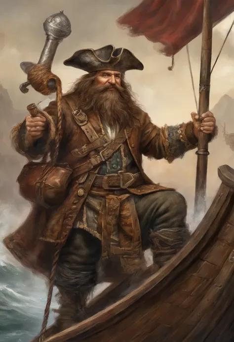 A box pirate seen from the front steampunk dwarfs, medieval fantasy dwarf, forte, gordura, com cabelo preto. graxa roupas sujas, um olhar louco, corpo inteiro, sozinho, fantasia, Medieval Dwarf RPG, Closeup portrait of a pirate with hat and earring in ear,...