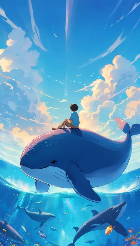 Fantastic atmosphere，A little boy sits on the back of a fat blue whale, Cute whale image, The whales tail is pointed upwards in the water, Fantastic sea，the sea, stereograms, High quality, Masterpiece，Whales swim like you