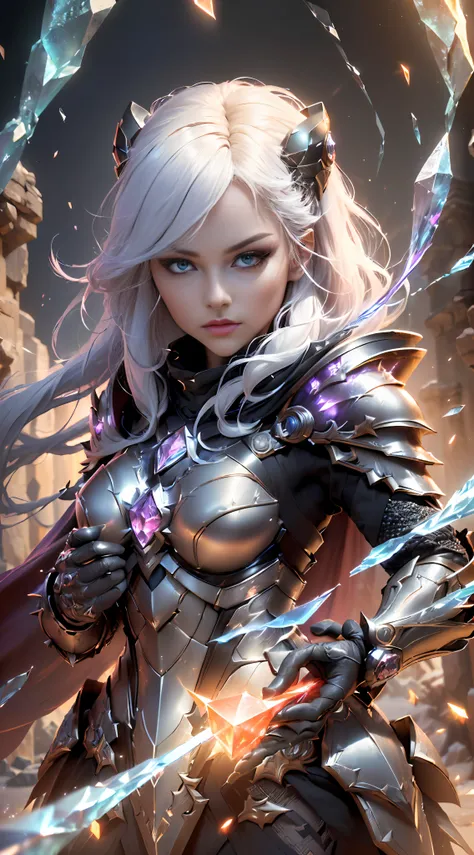 Female ninja, fantasy style, night, sexy, charming facial features, ready to fight posture, serious expression, long white hair, (makeup: the color system is mainly bright white, mixed with a little water red. Purple eyeshadow, black eyeliner and eyelash s...