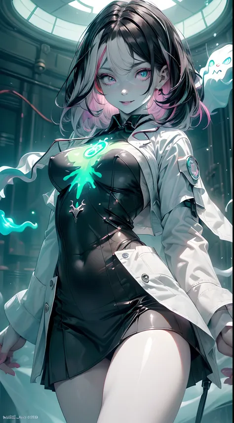 (ghosty:1.85) (doctor:1.5) (nurse:0.4) girl, (white doctor coat:1.4), (spirit, spiritual:1.2), 1girl, perfect and well designed glowing shiny eyes, (beautiful detailed eyes:1.05), natural medium breasts, slim body, beautiful and delicate cute face, (face d...