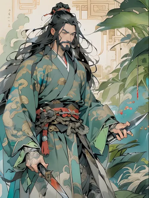 (((China-style，Ink painting method，Half-length portrait，Intense color，Han dynasty, China，Hanfu，Armor，Guan yu，Guan Yunchang，of a guy，Ruddy killing square face，Hold the Blue Dragon Moon Knife in his right hand，Stroke your beard with your left hand，Long hair，...