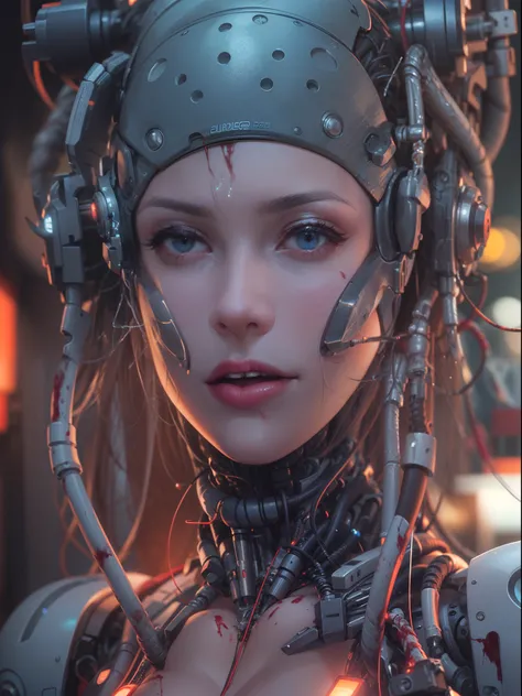 ((close up portrait of beautiful cybernetic girl)), ((mechanical limbs)), (blood vessels connected to tubes), (mechanical vertebrae), ((mechanical cervical attaching to neck)), (wires and cables attaching to neck:1.2), ((mass of wires and cables on head)),...