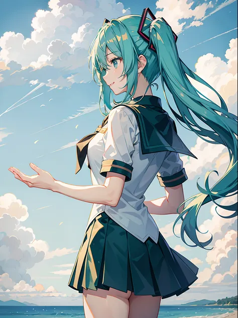 Hatsunemiku、Uniform,、On the way back、incline、Profile、Sorrisos、Sailor Outfit、look back、Fold your hands behind your back