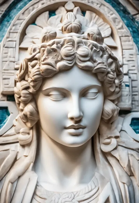 Photo of the face of a white marble statue of a woman wearing Athenian clothing