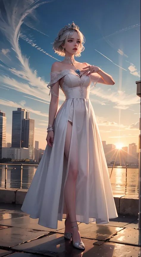 ultra-quality，8K，Princess，The skin is fair，short silver hair，Jewel Crown，sun is shining，Different actions，High rise white gauze dress