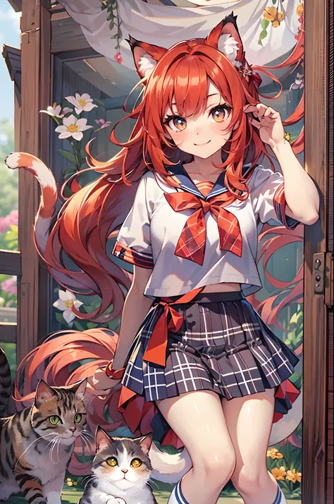 masutepiece, Best Quality, Detailed beautiful face and eyes, Full body, The best illustrations, PastelColors, (jpn、Shrine 1.4), Red torii gate, beauitful face, blurry backround, 10 year old beautiful girl, shinny skin, (１The tail of a cat in a book grows:1...