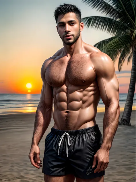 masterpiece, best quality, high resolution, closeup portrait, male focus, solo focus, muscular, burly, hairy, male, (no shirt: 1.2), a handsome black man, 30 years old, black skin, white beach shorts, beach with a sunset in the background, full body, amazi...