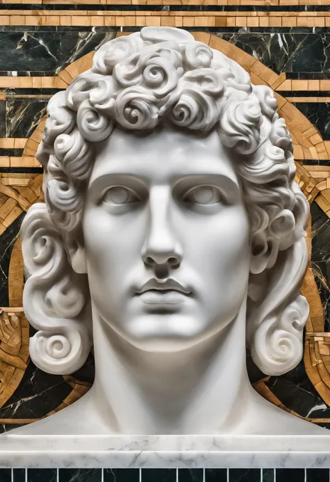 Photo of the face of a white marble statue of a Roman man