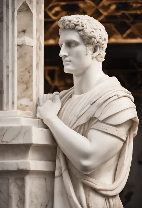 Photo of a white marble statue with its face turned away of a Roman man