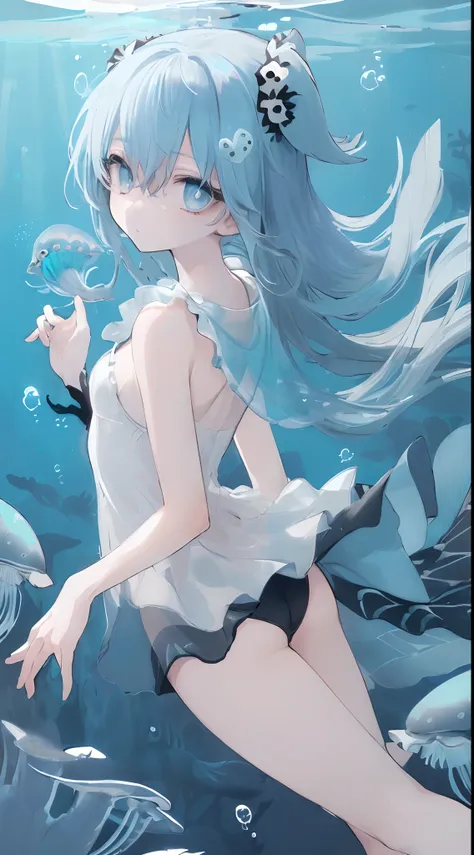 ((masterpiece,best quality)),(negative space:1.2),(1girl, solo:1.4),beautiful detailed eyes,floating hair, underwater, bubble, fish, (jellyfish), fluorescence,sea turtle, seaweed,