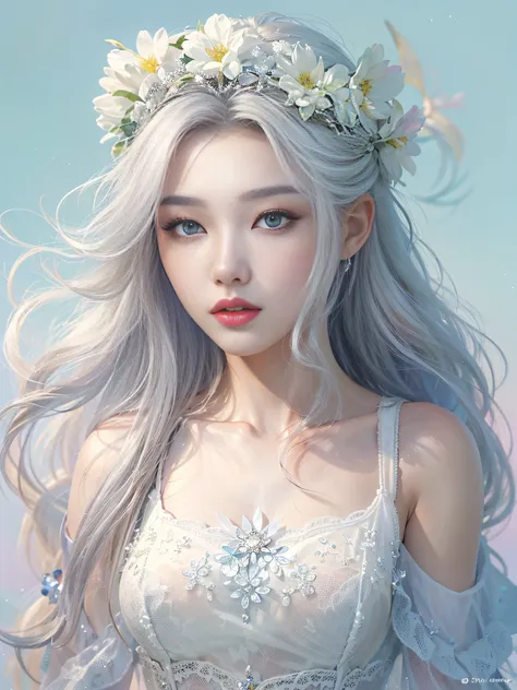 full body, Realistic beautiful woman, Light Hair,Beautiful with a large white flower tiara...,  Detailed Eyes, Blue Eyes, side view, A hyper-realistic, anatomical, graceful, Dynamic, highly detaild,  silky, facing the viewer, The body is symmetrically plac...