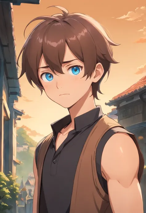 anime boy, short ponytail with bangs, blue eyes, wearing sleevesless brown vest on a sleevesless black shirt, smale mole under one eye, thick lips, beautiful,