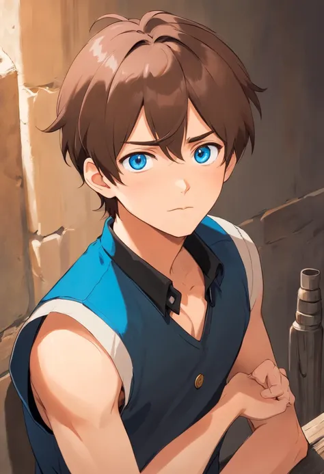 anime boy, short ponytail with bangs, blue eyes, wearing sleevesless brown vest on a sleevesless black shirt, smale mole under one eye, thick lips, beautiful,