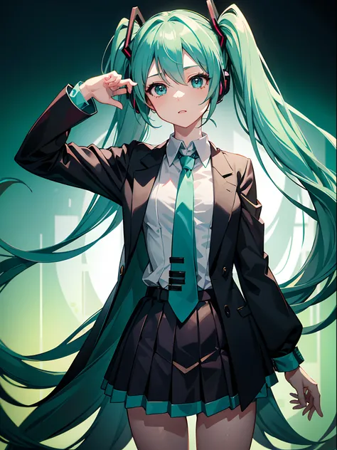 Hatsune Miku style character close-up，Long hair shawl，Tie a tie，Accompany a friend，Mikudayo Style，Epic animation CGI shot in 8K HD，Portrait of Hatsune Miku，Action Pack，Hatsune Mikus face at a glance，twin tail hair style，4K anime style，Hatsune Miku Cosplay。