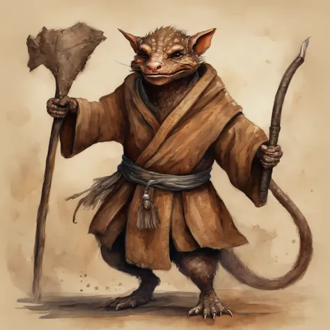 Kobold, wearing Kenpogi, fighting robe, dark brown and brown in color, masterpiece, best quality