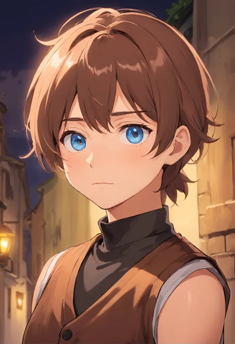 anime boy, short ponytail with bangs, blue eyes, wearing sleevesless brown vest on a sleevesless black shirt, smale mole under one eye, thick lips, beautiful,