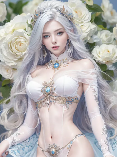 s whole body, Realistic beautiful woman, Light Hair,Beautiful with a large white flower tiara....,  Detailed Eyes, Blue Eyes, side view, A hyper-realistic, anatomical, graceful, Dynamic, highly detaild,  silky, facing the viewer, The body is symmetrically ...