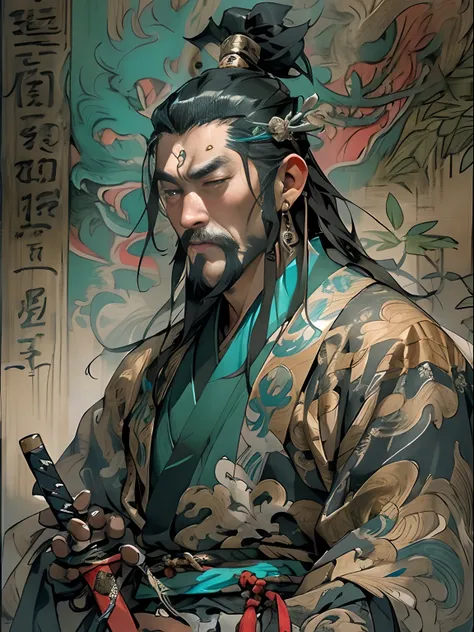 (((China-style，Ink painting method，Half-length portrait，Intense color，Han dynasty, China，Hanfu，Armor，Guan yu，Guan Yunchang，of a guy，Ruddy killing square face，Hold the Blue Dragon Moon Knife in his right hand，Stroke your beard with your left hand，Long hair，...