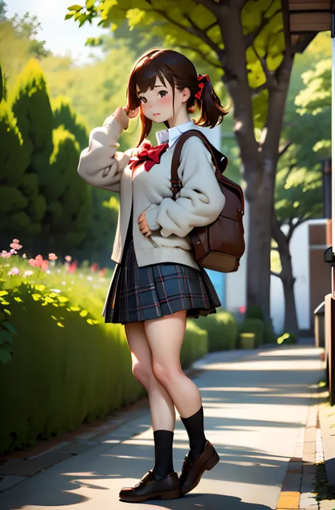 top-quality,masutepiece,anime style,parfect anatomy,独奏,skirt by the, bags, plein air, jaket, standing, sockes, shoe, looking at ...