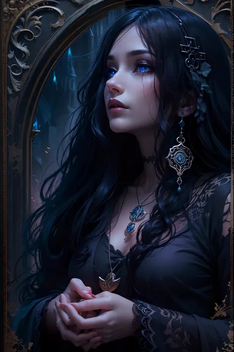 (best quality,highres,masterpiece:1.2),dark and mysterious,gothic enchantress,spell casting,mesmerizing gaze,detailed black lace dress,ornate headdress,magic swirling in the air,eerie moonlit night,ominous shadows,fog rolling in,hauntingly beautiful,ethere...