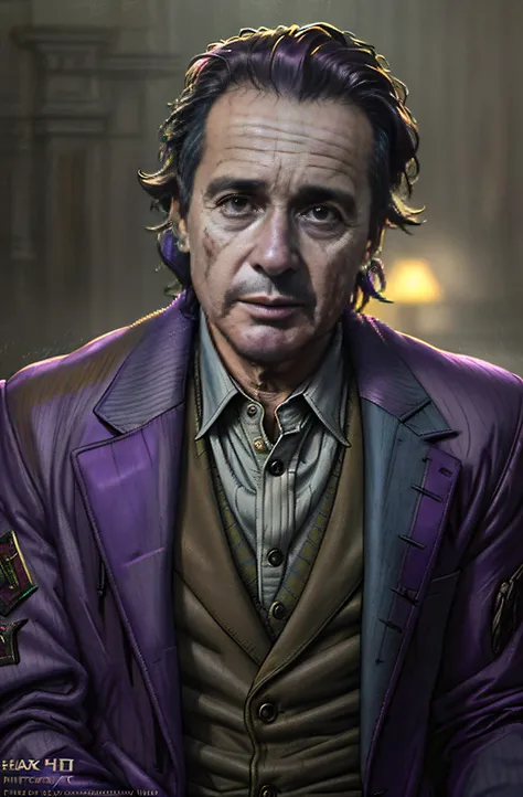 (Al Pacino as The Joker) ,epic, realistic, faded, neutral colors, ((((hdr)))), ((((muted colors)))), intricate scene, artstation, hyperdetailed, cinematic shot, warm lights, dramatic light, intricate details, vignette, complex background, [[teal and orange...