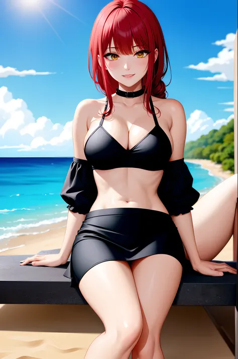 high quality masterpiece in sexi black mini skirt  black-red bra with red hair medium breasts beautiful legs sitting on the beach with crotch on one side