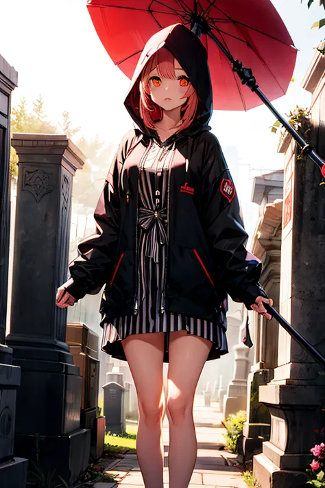 Cute hooded Grim Reaper shrouded in dark mist,Wielding a scythe,Emerge from the swirling shadows.Stand in the Cemetery of Forgotten Souls.(light brown and red striped hair, :1.3,),Perfect face,Proper body proportion,masutepiece,Super high-quality output im...