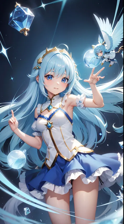 Chibichara、long hair with blue hair、Fluffy Dodge、girl with（(Chibi Chara))、Engaging pose、Blue and white costume、Fantasia、Luminous Crystal、Crystal jade、constellation、a moon、Fantastic background、masutepiece