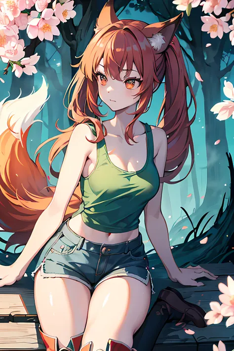 1 Girl, Nine-Tails, (wearing green tanktop, blue denim shorts, black belt, brown boots), Rori, Fox, Red and White, Shrine, Super Cute Face, Nine Tails Visible, Dense, High Definition, Cherry Blossom Blooming Forest, Glowing, Blue Flame, Ultra Wide Angle, (...