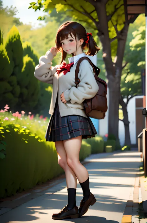 top-quality,masutepiece,Anime style,parfect anatomy,独奏,skirt by the, bags, plein air, jaket, Standing, sockes, shoe, looking at the viewers, Brown Footwear, 校服, Plaid, lowfers, blazers, brown haired, plaid skirts, Black socks, long-sleeve, bangss, Open you...