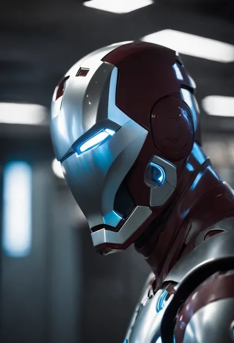 Chrome Iron Man hooded man in a blue white rubber jacket with a single mirror reflecting bright eye, vestindo sci - fi capa com capuz, olhos brilhantes no capacete, hacker cyberpunk, Holograma Sci - Capuz FI, Cyberpunk ortodoxo, no estilo cyberpunk, Retrat...