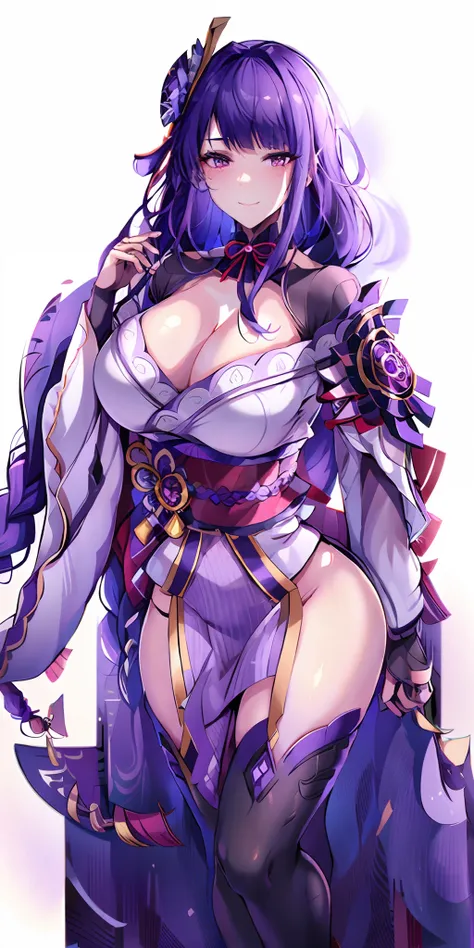 1girl, flat bangs, braids, wide sleeves, hair accessories, kimono, red belt, (purple hair:1.2), very long hair, straight hair, looking at the audience, plain white background, (realism: 1.2), detailed eyes, red eye shadow, depth of field, symmetrical eyes,...