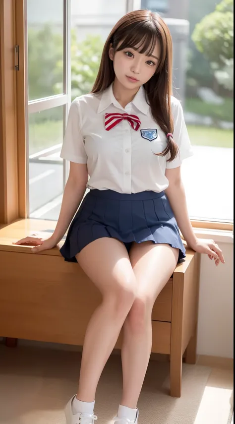 Miniskirt in high school girl uniform、Sitting pose with legs open、Pose to show off your best thighs and panties:1.5、Burnt skin:1.5、Absolute area、wetting hair、rainfall、woman model、A Japanese Lady、LE SSERAFIM、(8K、RAW Photos、top-quality、​masterpiece:1.2)、(rea...