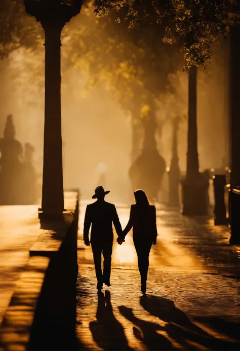 silhueta, only the shadow, de um casal caminhando, melhor qualidade, alta resolução, estilo de arte elegante, soft-lighting, Romantic Atmosphere, fundo desfocado):(11)