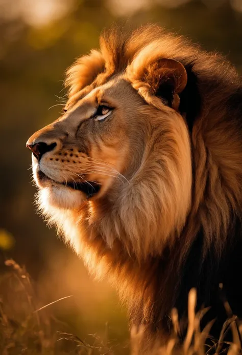 Foto RAW, A close-up portrait of a majestic roaring lion, Background is the African jungle, The lion seems dominant and assertive