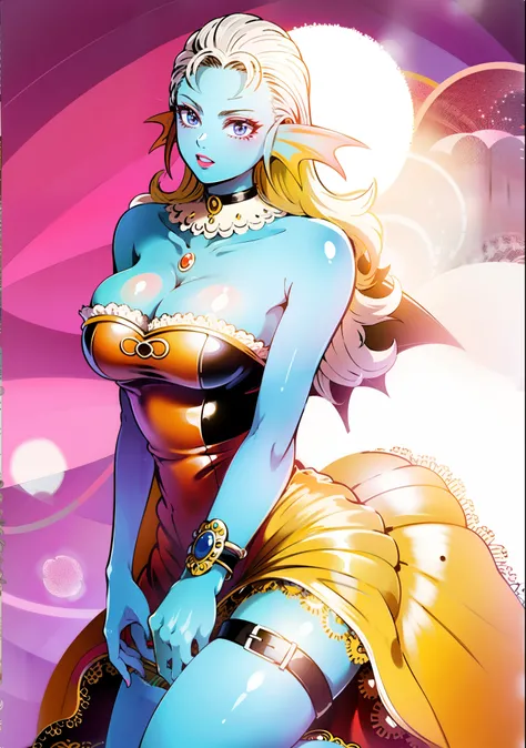 8K,high quality,anime,married woman,beautiful,clean,bright,highlights in eyes,sexy,super big tits,oversized boobs,erotic,nude,beautiful line drawing. Blue skin, blue and orange gradient fins, black dress, shoulder-baring outfit, blue skin, blue legs, big t...