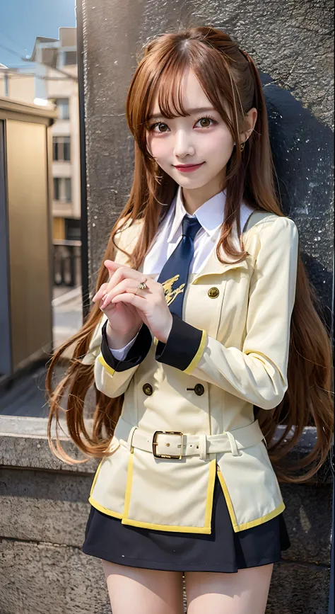 ​masterpiece, top-quality, hight resolution, HMSHIR, length hair, verd s eyes, 校服, Yellow jacket, a black skirt, neck tie, cowboy  shot, plein air, A smile,、normal hands、girl