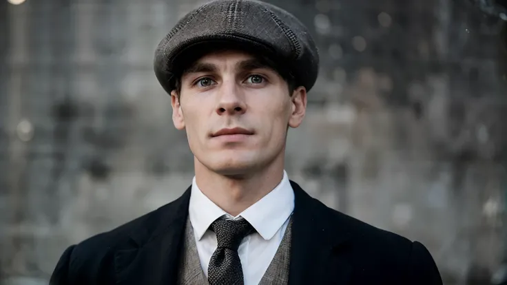 An average shot of Thomas Shelby looking into the camera, Realistic details, foto tirada com uma Nikon D850, perfeitamente iluminado, uma profundidade de campo rasa