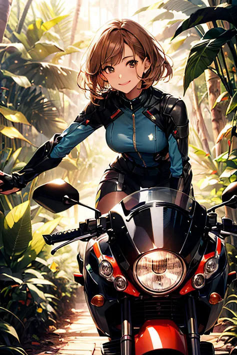 Cybernetic arm and glowing robot cyber girl,(Sheer and revealing costumes:1.3, ),(Robot Cyber Girl riding a powerful military-style motorcycle galloping through jungle:1.3), Glossy light brown and orange striped shorthair,Cute smile,Perfect round face,A ch...