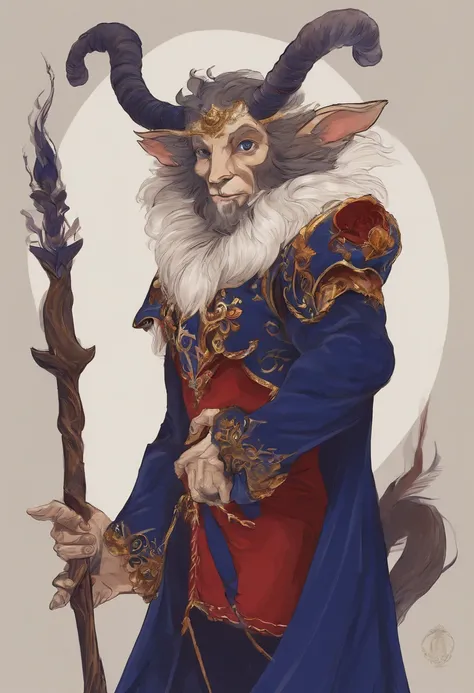 Satyr ,wearing Mages Habit, primarily navy blue in color with gold trim white collar and red wrists, masterpiece, best quality