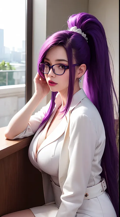 arafed image of a woman with purple hair and glasses, masterpiece, best quality,8k,long hair, ponytail,purple hair, Big breast, white dress,Additional black blazer,Sit on your knees, Background on the terrace