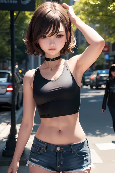 ((medium breast, tomboy girls, small head)), daylight, sunlight, (chiseled abs : 1.1), (perfect body : 1.1), (short wavy hair : 1.2) , auburn hair, collar, chain, full body shot, crowded street, wearing black tanktop, jeans jacket, ((shorts)), (extremely d...