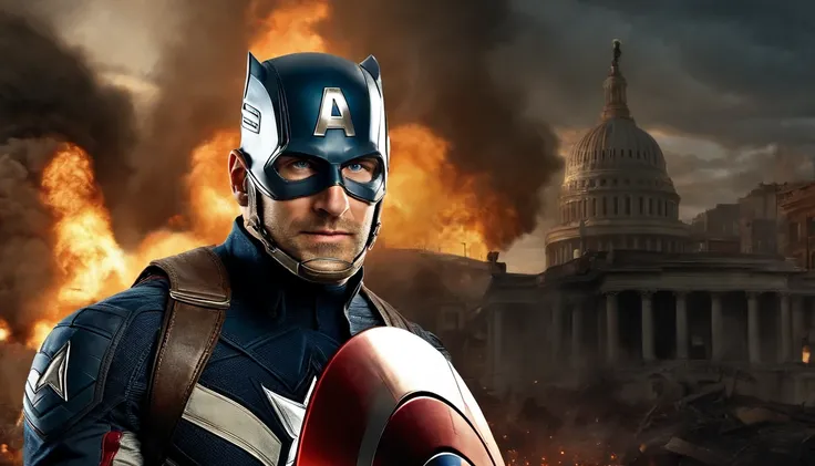 (melhor qualidade), super realistic, A cinematic masterpiece, retrato de (Bradley Cooper as Captain America), robusto e bonito, with piercing blue eyes and a strong jaw, sporting Captain Americas iconic costume and shield, Fazendo uma pose heroica, in a dr...