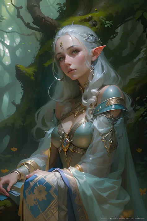 female elf, looking at viewer, flowing cloths and silver amor, the silent forested, mysterious, fantasy art, Donato Giancola, craig mullins, parth, masterful strokes legendary