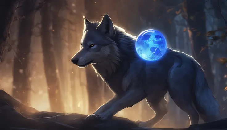 Lobo Azul em estilo anime，A wolf stared fiercely at the camera，There is a glowing sphere in the background, mobile game art, arte de fundo, arte detalhada do jogo, Koda Kazuma, arte oficial altamente detalhada, arte oficial, arte do jogo, mobile game backg...