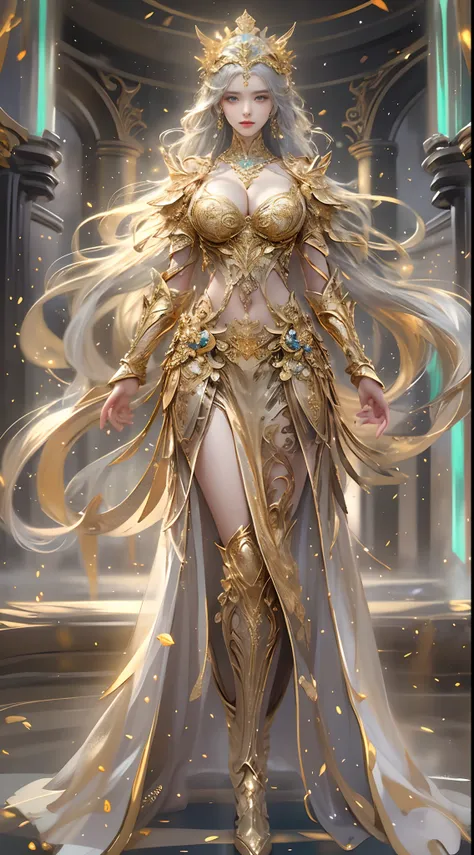 Woman in a golden transparent dress,view the viewer,(((Huge breasts, Large cleavage))),Slim waist,(navel baring,Bare waist), Long hair, Ultra-detailed details,High-end Zhenyi station, Rainstorm site, detailed fantasy art, Stunning character art, Beautiful ...