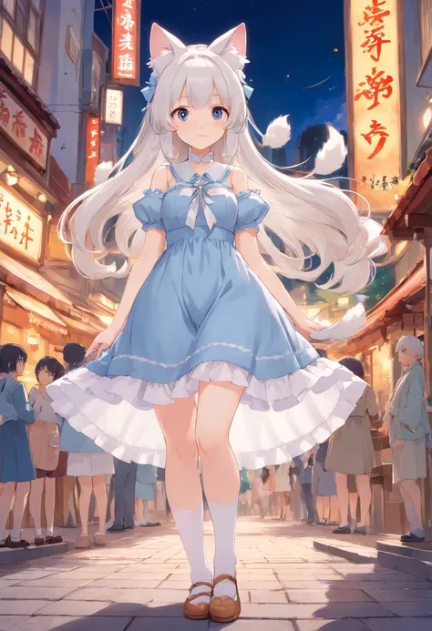 No shoes，Stand barefoot，Masterpiece，long whitr hair，extremely hyper，A giantess，In the city，Full limbs，Huge maiden，The face is delicate，White color hair，Double ponytail curls，blue color eyes，White Lolita，Long-range shots，white stockings，There are cat ears o...